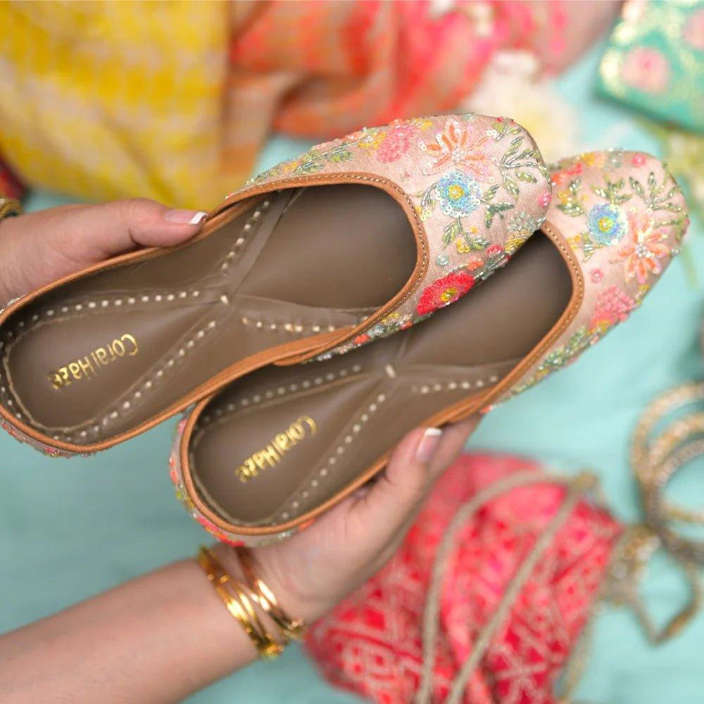 Mastering Effortless Elegance: Embracing the Fusion of Ready-to-Wear Sarees with Punjabi Juttis - Coral Haze
