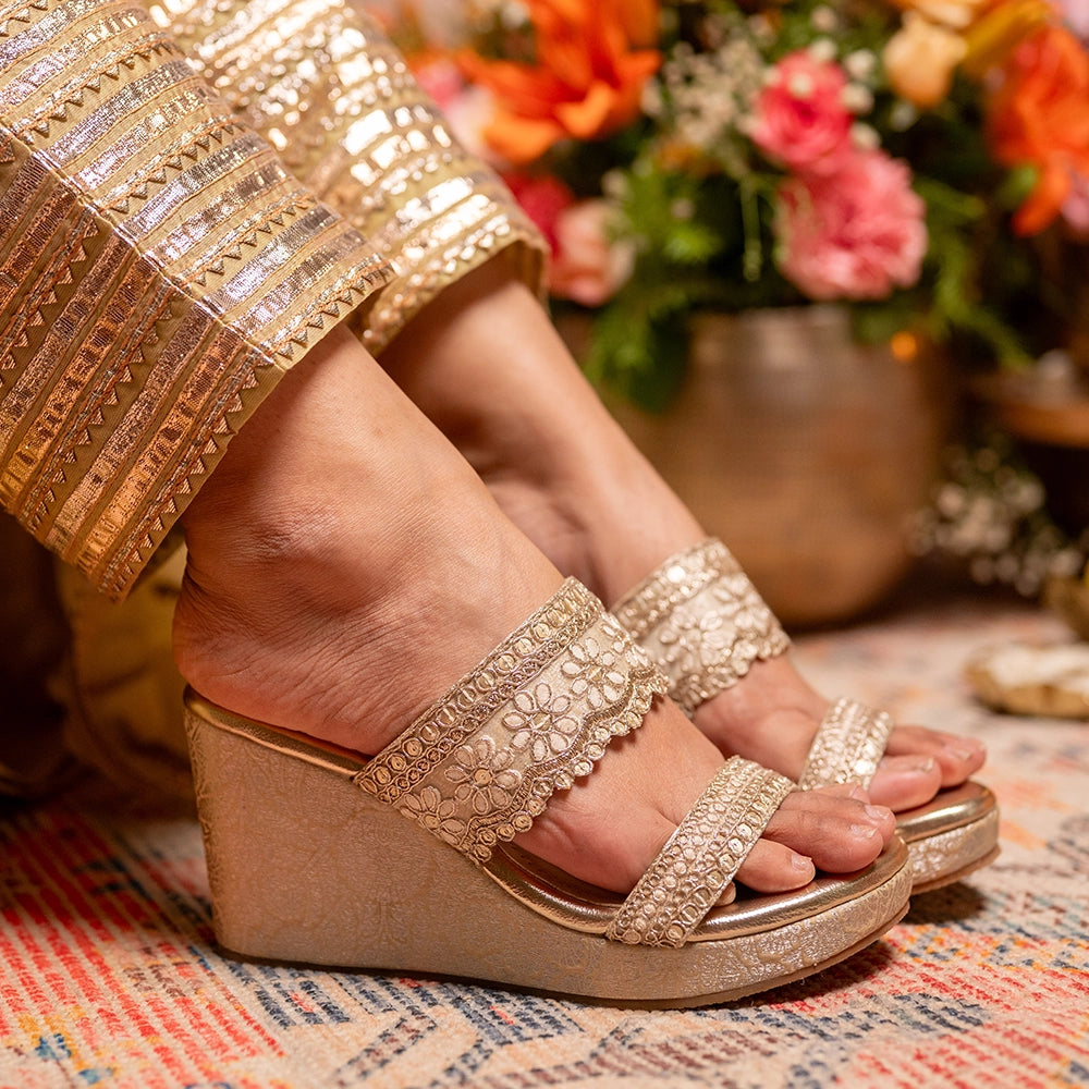 Light Gold Zari Double Strap Platform Wedge Heels Coral Haze - Main Image