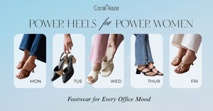 Image of Coral Haze power heels for women from Monday to Friday with a light blue background and text.