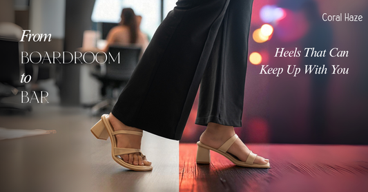 Women wearing Coral Haze high heels walking from an office to a bar in a transition image.
