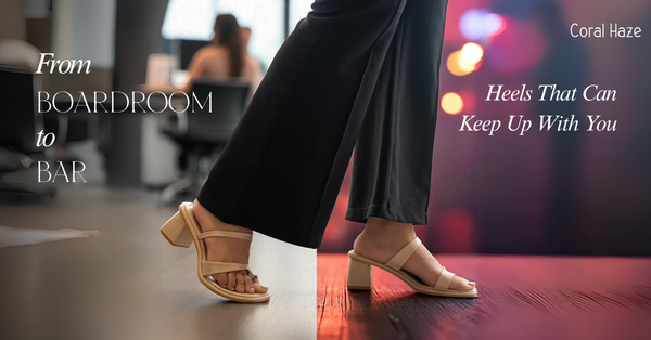 Women wearing Coral Haze high heels walking from an office to a bar in a transition image.