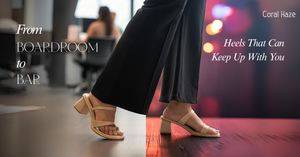 Women wearing Coral Haze high heels walking from an office to a bar in a transition image.