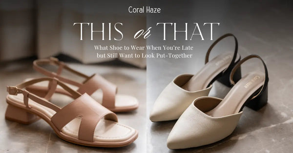 Two pairs of shoes with text overlay on a neutral background