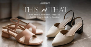 Two pairs of shoes with text overlay on a neutral background