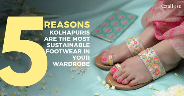 Woman wearing handcrafted floral Kolhapuri sandals with pink nail polish on a pastel background – sustainable Indian footwear by Coral Haze