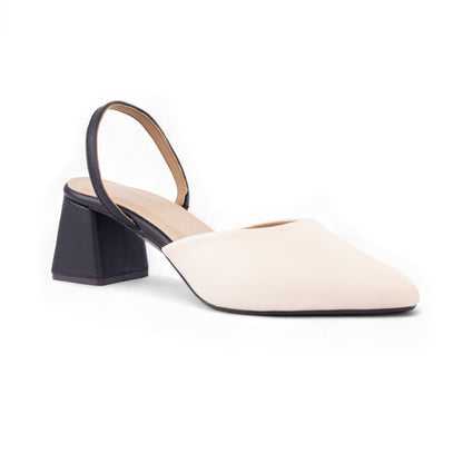 Side view of Sandra block heels for women, white upper with black block heel, stylish heel sandals for girls and women.